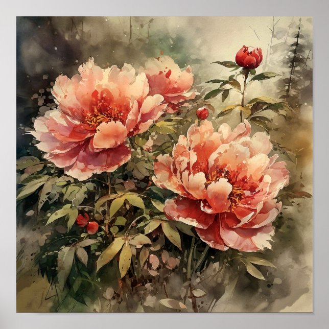 Skriv ut Peony Flowers Art Print Poster (Framsidan)