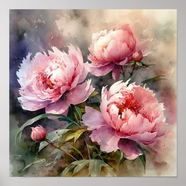 Skriv ut Peony Flowers Art Print Poster (Framsidan)