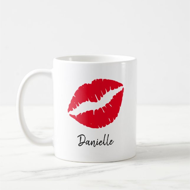 Skriv ut personlig Red Lipstick Kiss Kaffemugg (Vänster)