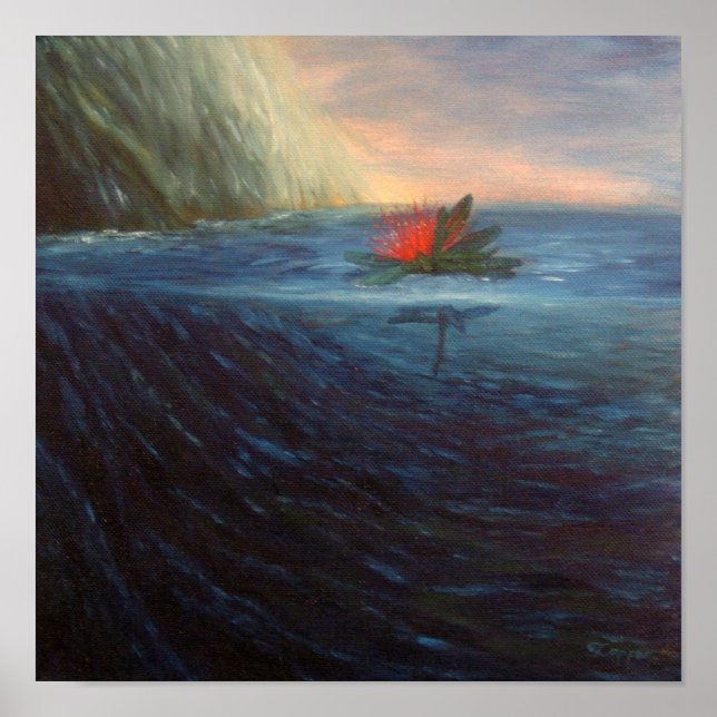 Skriv ut: Pohutukawa Red Flower i blå havet Poster (Framsidan)