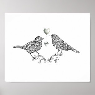 Skriv ut Poster Cute Love birds i svartvitt