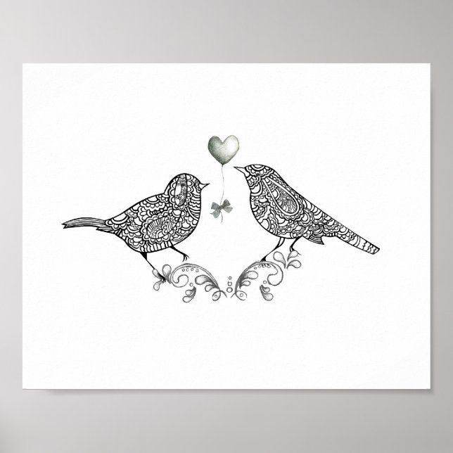 Skriv ut Poster Cute Love birds i svartvitt (Framsidan)