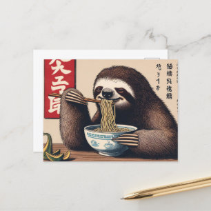 Skriv ut Ramen Japanskt träblock för Cute Sloth Ea Vykort