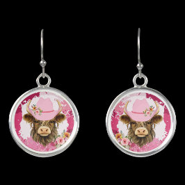 Skriv ut rosa Cowhide Highland Cow Leopard Örhängen