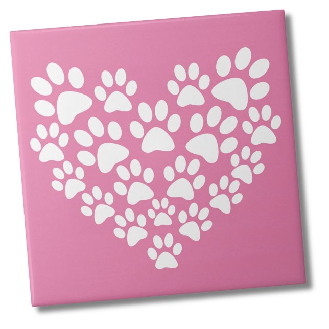 Skriv ut Rosa för Cute Heart Kakelplatta (Cute White Pink Paw Print Heart Ceramic Tile)