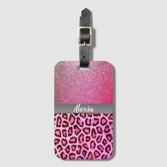 Skriv ut rosa Glitter Exotic Leopard Bagagebricka (Framsida vertikal)