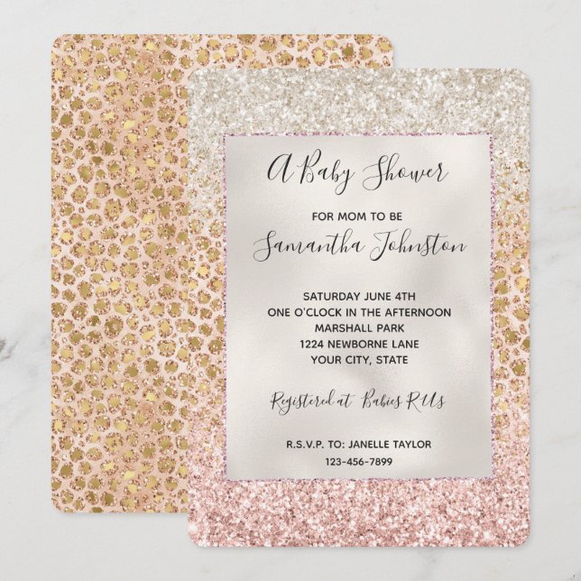 Skriv ut Rosa Glitter Glitzy i Girly Peach Guld Le Inbjudningar (Fram/baksida)