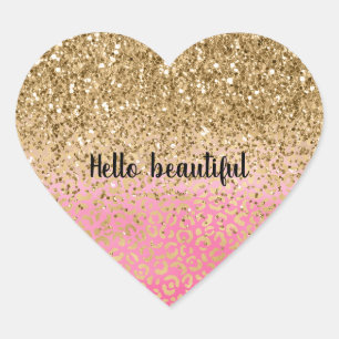 Skriv ut Rosa Guld Glitter Leopard Hjärtformat Klistermärke