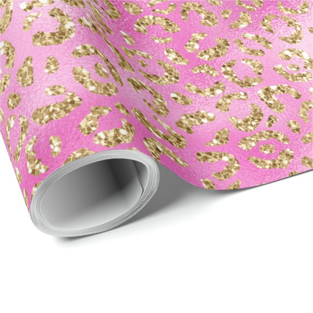Skriv ut Rosa Guld Glitter Leopard Presentpapper (Rullad Hörn)