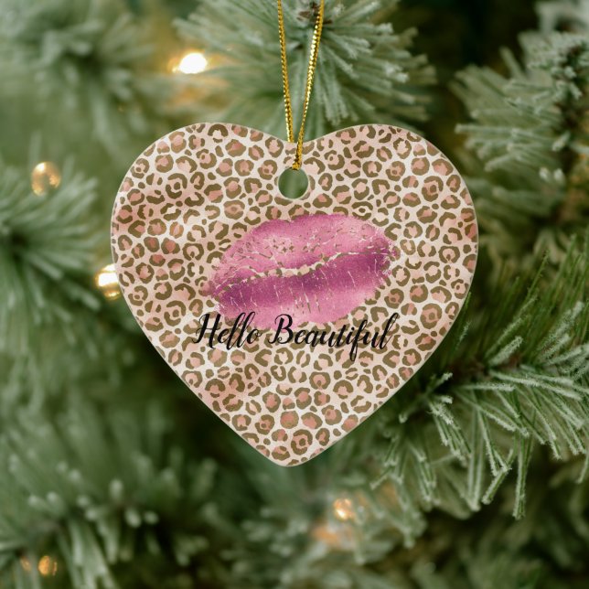 Skriv ut Rosa Läppar Kiss Guld Girly Peach Leopard Julgransprydnad Keramik (Träd)