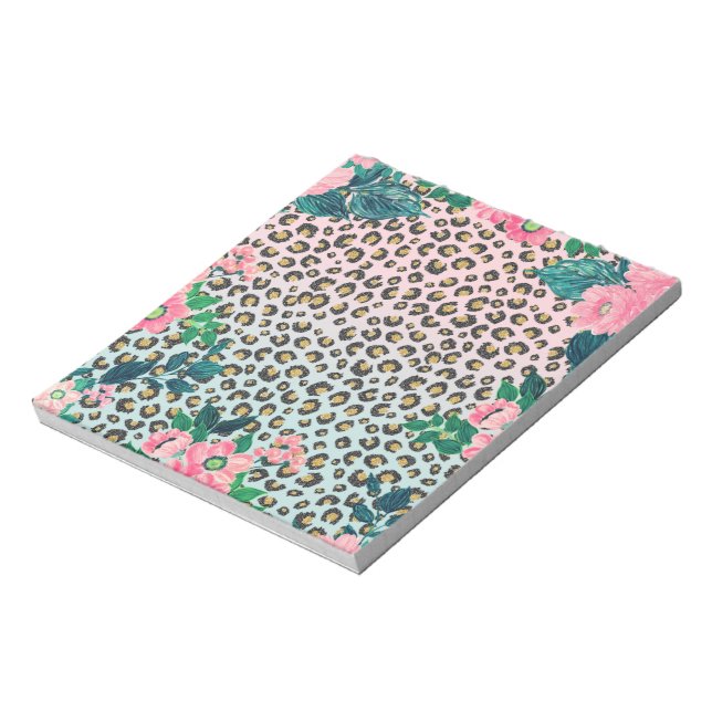 Skriv ut Rosa Mint Ombre Blommigt Glitter Leopard  Anteckningsblock (Roterad)
