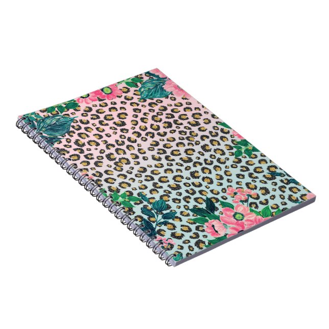 Skriv ut Rosa Mint Ombre Blommigt Glitter Leopard  Anteckningsbok (Högra Sidan)