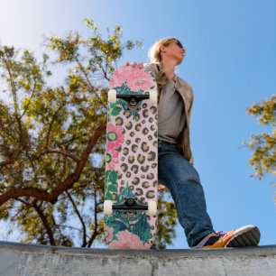 Skriv ut Rosa Mint Ombre Blommigt Glitter Leopard Mini Skateboard Bräda 18,5 Cm