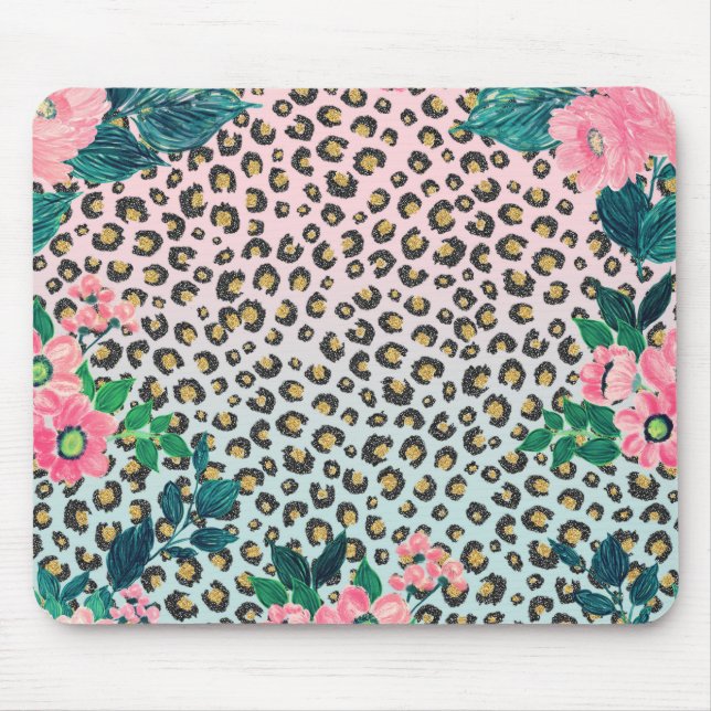 Skriv ut Rosa Mint Ombre Blommigt Glitter Leopard  Musmatta (Framsidan)