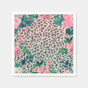 Skriv ut Rosa Mint Ombre Blommigt Glitter Leopard  Pappersservett