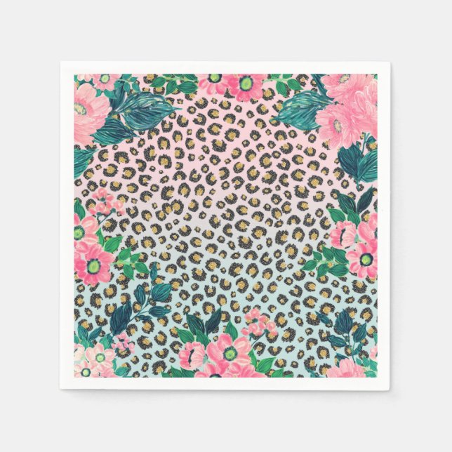 Skriv ut Rosa Mint Ombre Blommigt Glitter Leopard  Pappersservett (Framsidan)