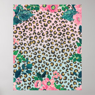 Skriv ut Rosa Mint Ombre Blommigt Glitter Leopard  Poster