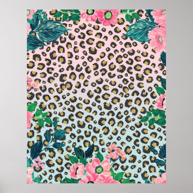 Skriv ut Rosa Mint Ombre Blommigt Glitter Leopard  Poster (Framsidan)