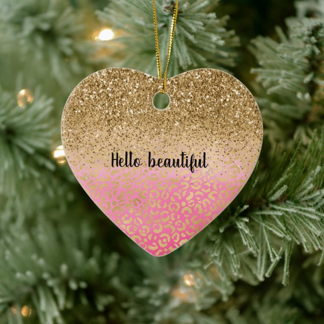 Skriv ut Rosa Watercolor Guld Glitter Leopard  Julgransprydnad Keramik (Träd)