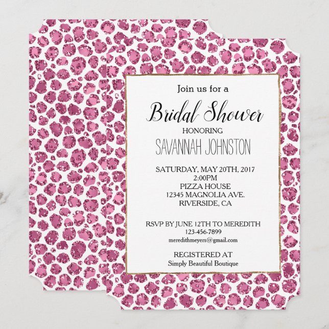 Skriv ut Rosa White Glam Glitter Leopard  Inbjudningar (Fram/baksida)
