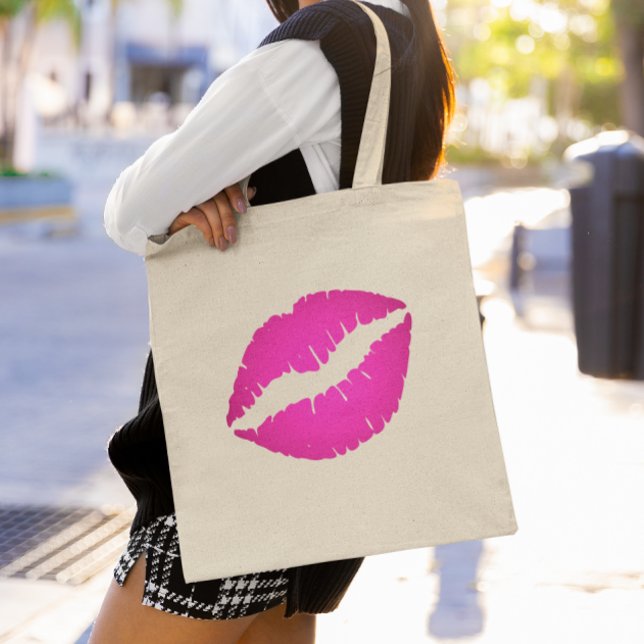 Skriv ut shock rosa om Lipstick-kyss Tygkasse (Hot Pink Kiss Print Tote Bag)