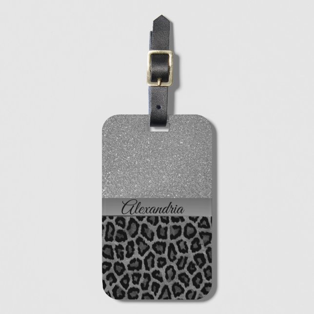 Skriv ut Silver Glitter Leopard Bagagebricka (Framsida vertikal)