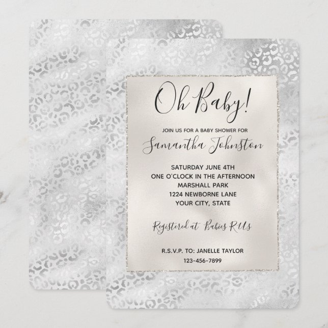 Skriv ut silver Leopard Inbjudningar (Fram/baksida)