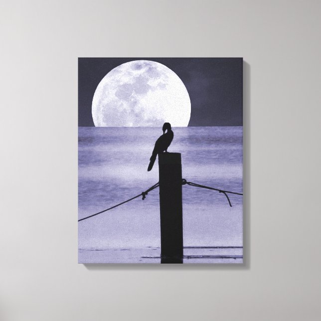 Skriv ut sjö Bird and Full Moon Canvas Art (Framsida)