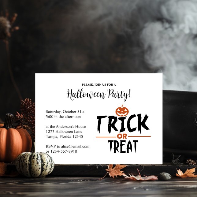 Skriv ut snyggt Halloween fest "Bus eller godis" Inbjudningar (Stylish Halloween Party "Trick Or Treat" Print Invitation)