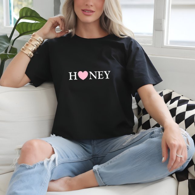 Skriv ut svart Basic Heart-honung T Shirt (Black Basic Heart Honey Print T-Shirt)
