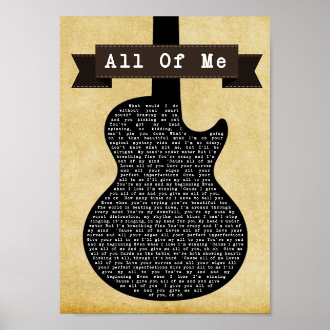 Skriv ut svart Guitar Sång Lyric Wall Art Poster (Framsidan)