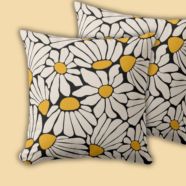 Skriv ut svart gult för Retro-Blommigt Kudde (Retro floral daisy dream throw pillow cushion.)