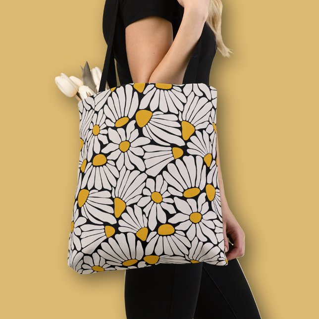 Skriv ut svart gult för Retro-Blommigt Tygkasse (Bold boho floral pattern tote bag in black with cream and mustard yellow cut out flowers)