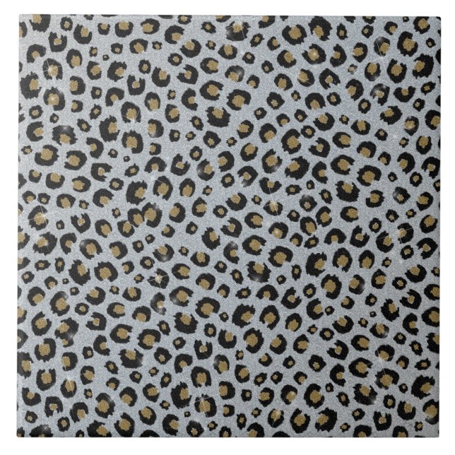 Skriv ut svart leopard silver Guld Glitter Kakelplatta (Framsidan)