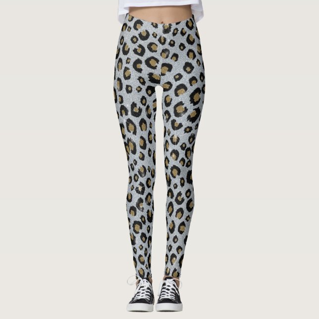 Skriv ut svart leopard silver Guld Glitter Leggings (Framsida)