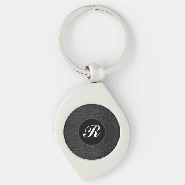 Skriv ut svart monogram-krokodilläder swirl silverfärgad nyckelring (Framsidan)