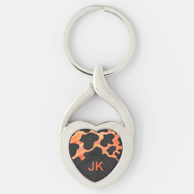 Skriv ut svart och Orange i monogram Twisted Heart Silverfärgad Nyckelring (Framsidan)