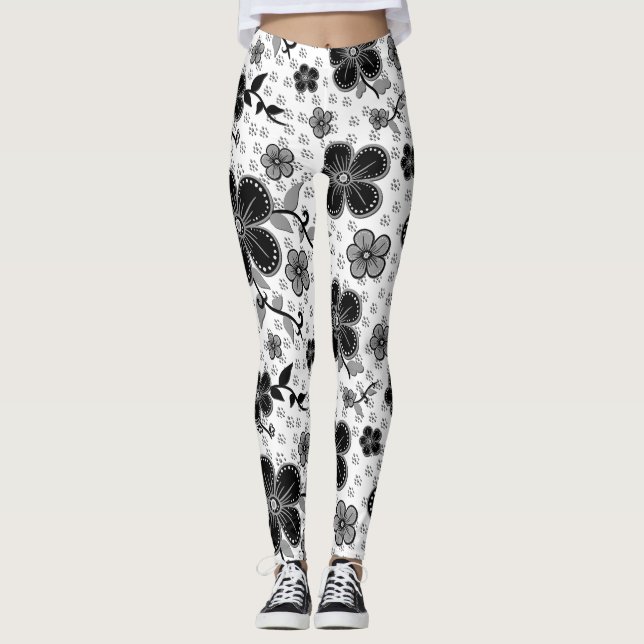 Skriv ut svart och vit Blommigt Leggings (Framsida)