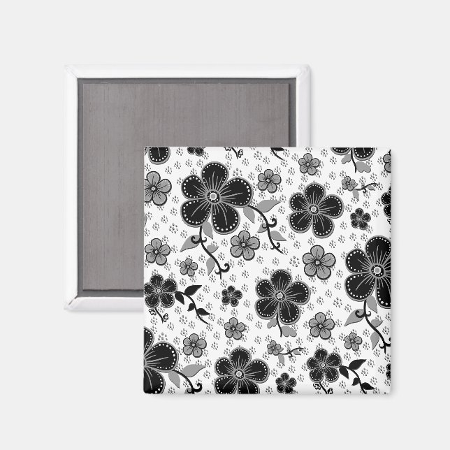 Skriv ut svart och vit Blommigt Magnet (Front/Back)