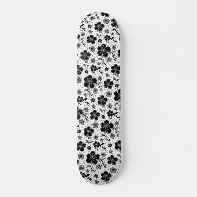 Skriv ut svart och vit Blommigt Mini Skateboard Bräda 18,5 Cm (Framsida)