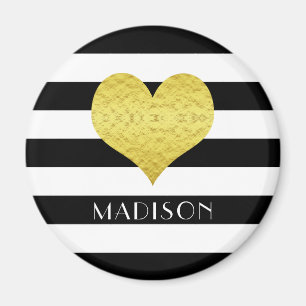 Skriv ut svartvit strimlad Mönster Guld Heart Namn Magnet