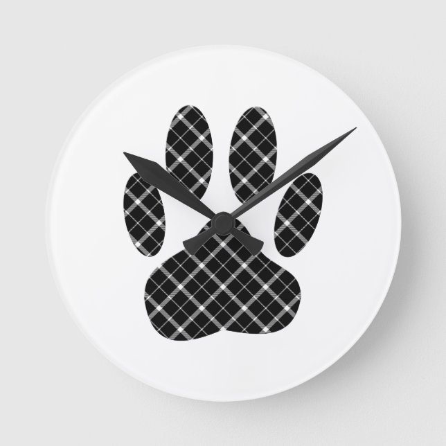 Skriv ut svartvit Tartan Hund Paw Rund Klocka (Framsida)