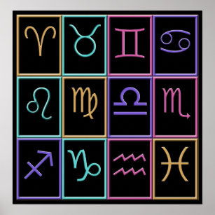 Skriv ut tolv färgstarka zodiaktecken poster
