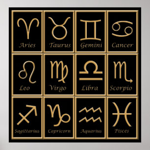 Skriv ut tolv zodiaktecken i Guld Poster