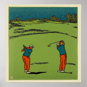 Skriv ut två Golfers Woodblock Poster