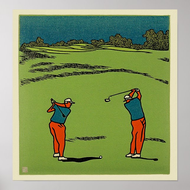 Skriv ut två Golfers Woodblock Poster (Framsidan)
