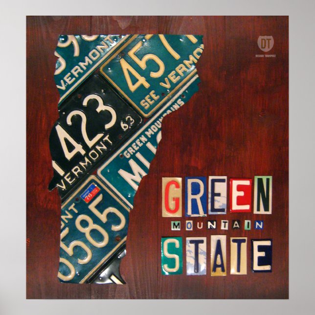 Skriv ut Vermont License Plate Karta Poster (Framsidan)