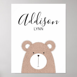 Skriv ut Vilda djur Bear Baby Namn Nursery Skriv u Poster