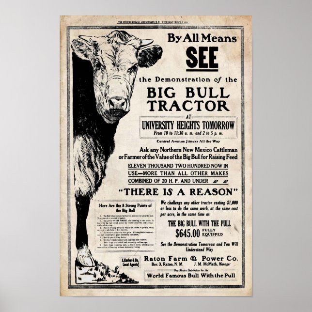 Skriv ut vintage Big Bull Tractor Poster (Framsidan)