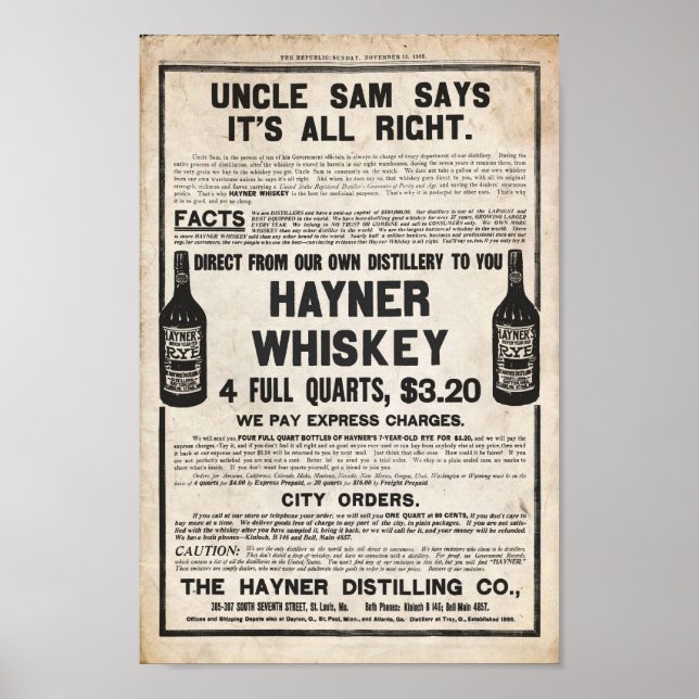 Skriv ut vintage Hayner Whiskey Poster (Framsidan)